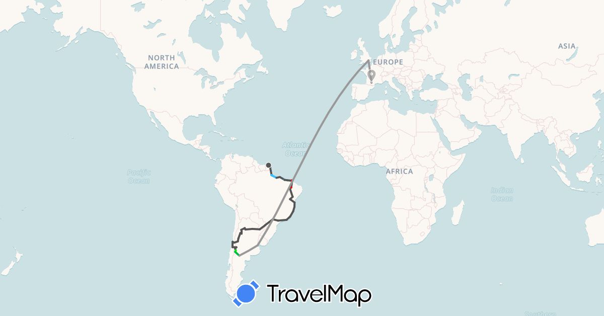 TravelMap itinerary: bus, plane, boat, motorbike, camion, ambulance in Argentina, Brazil, Chile, France, United Kingdom, French Guiana (Europe, South America)
